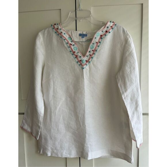 J McLaughlin 100% linen V-neck embroidery top blouse white size 6 - Picture 1 of 5